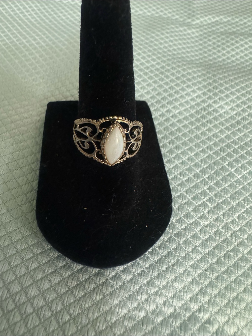 Vintage 14kt ESP Filigree Ring with White Marquis Opal Cabochon